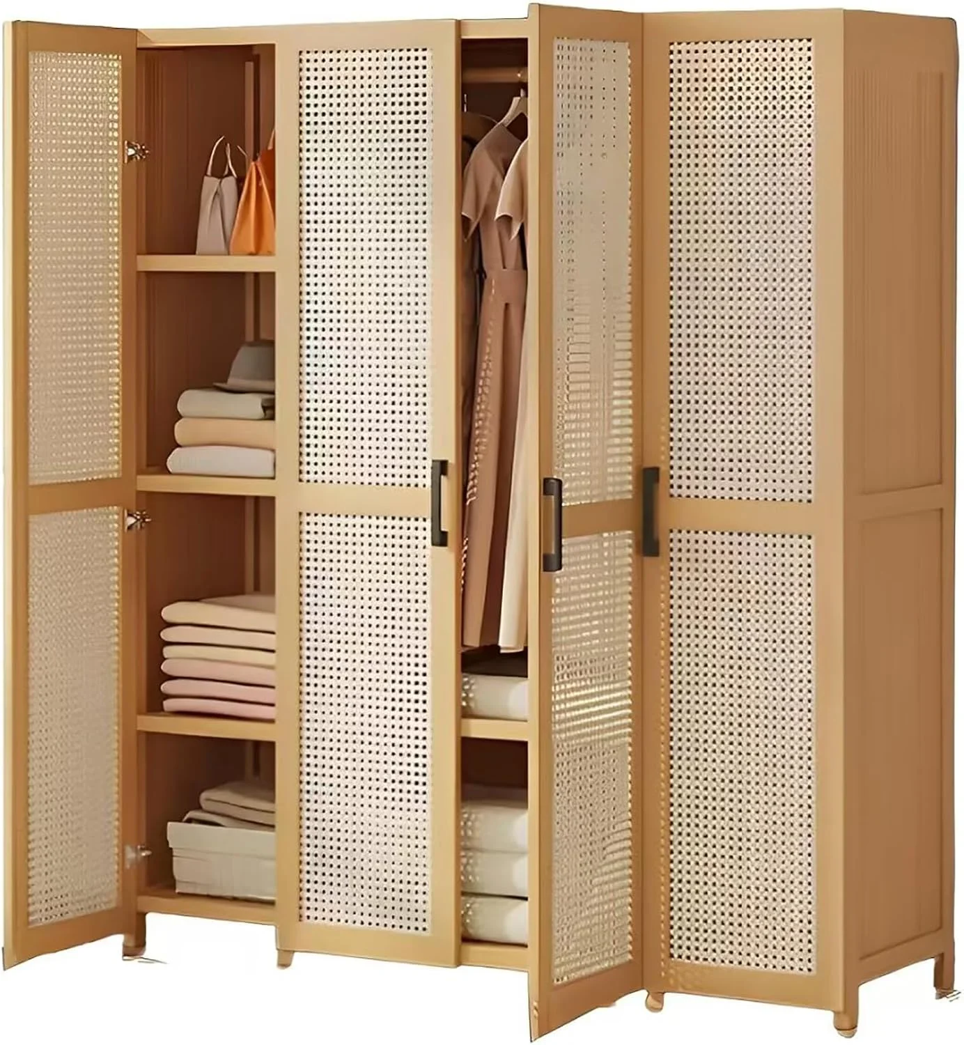 کمد لباس LBCZJYX با درب، دارای چندین فضای ذخیره سازی، درب کابینت حصیری پلاستیکی با طراحی بسته و میله آویز ضخیم برای اتاق خواب، آپارتمان، سالن، سایز A 47.2in*16.5in*63.0in