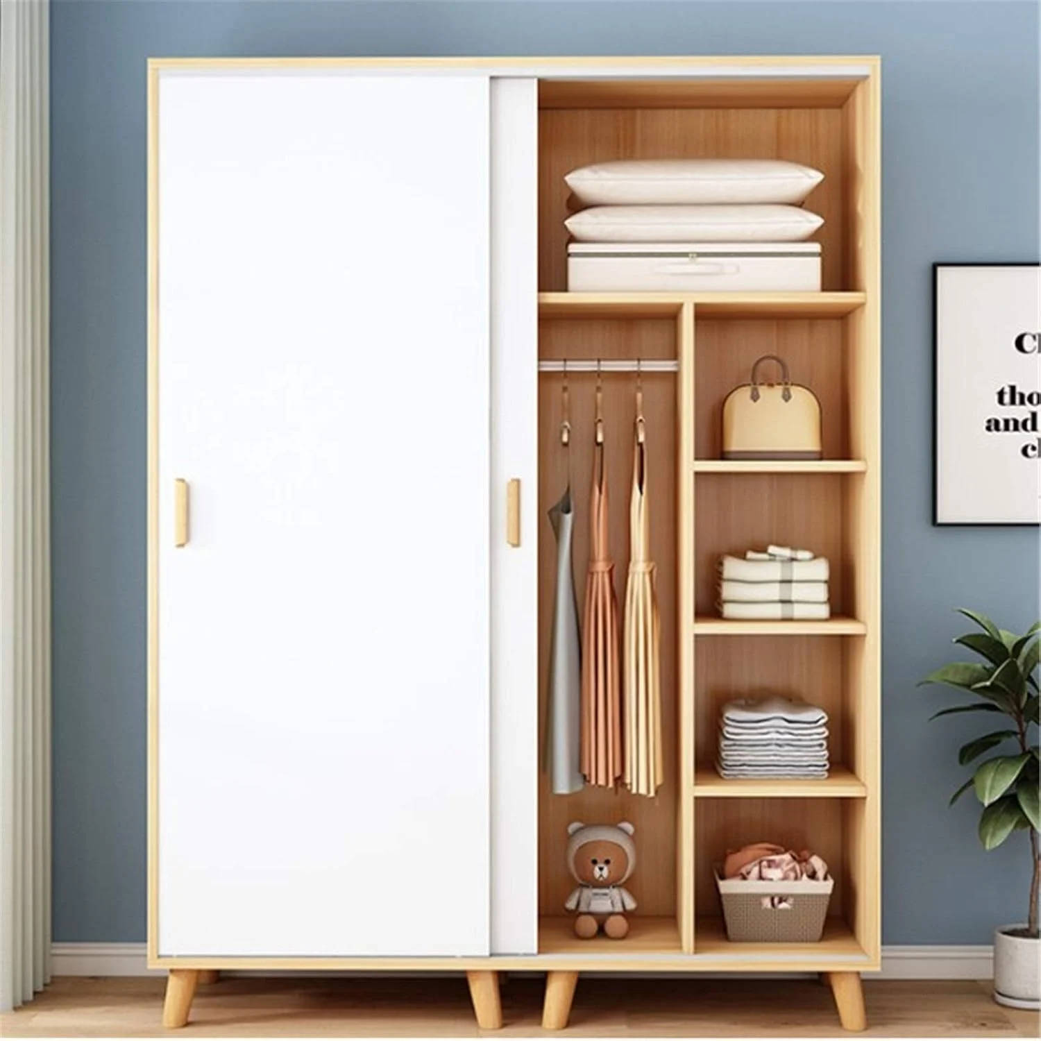 HLTDNZ کمد لباس اتاق خواب کمد لباس خانگی اتاق خواب مدرن مینیمالیستی کابینت ذخیره سازی صفحه مونتاژ ساده درب کشویی کمد آویز برای ورودی یا اتاق خواب (رنگ: طبیعی، اندازه: 190x50x140cm)
