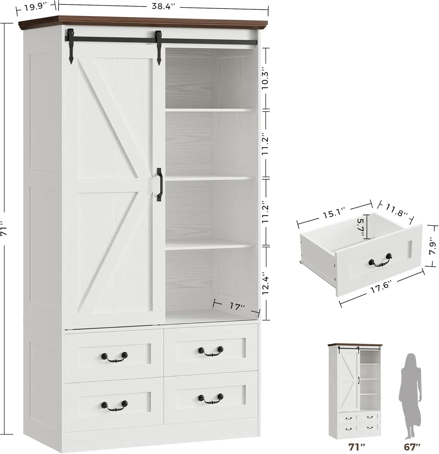 کمد لباس IRONCK با 4 کشو، کمد لباس 180 سانتی متری با درب های کشویی انبار، کمد بلند نگهداری لباس با میله آویز و قفسه برای اتاق خواب، سفید