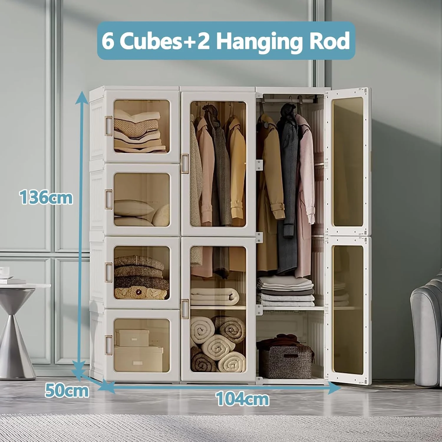 کمد لباس قابل حمل HYQNG برای اتاق خواب، سازمان دهنده بزرگ کمد برای لباس، کمد پلاستیکی تاشو با درب شفاف مغناطیسی و میله آویز، مونتاژ آسان، برای اتاق نشیمن، اتاق خواب