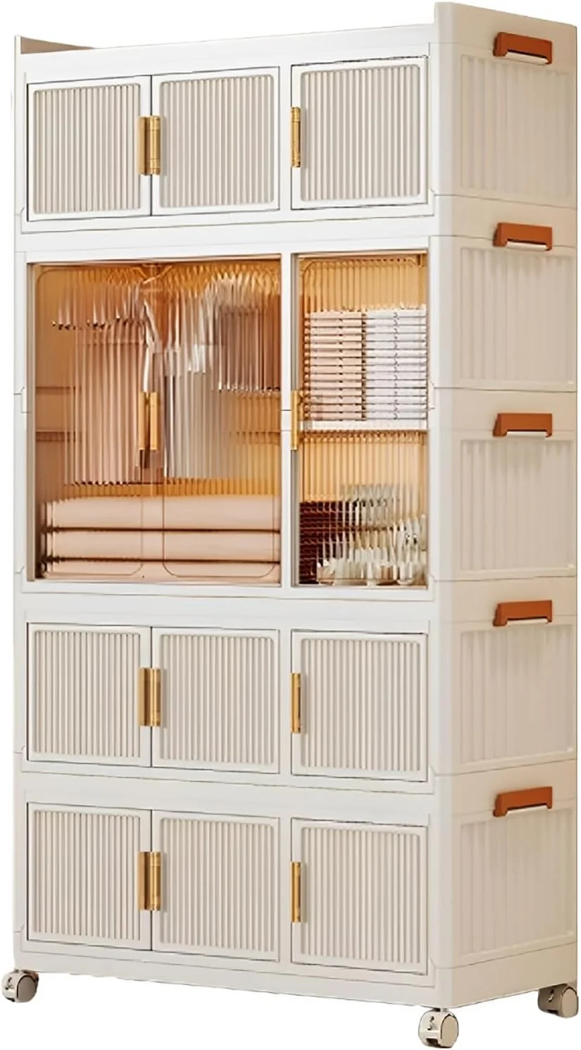 کمد لباس تاشو LBCZJYX برای اتاق خواب، کمد قابل حمل با طراحی دو درب، 6 آویز، ظرفیت 100 کیلوگرم، مناسب آپارتمان و خوابگاه، ابعاد 90x45x193 سانتی متر