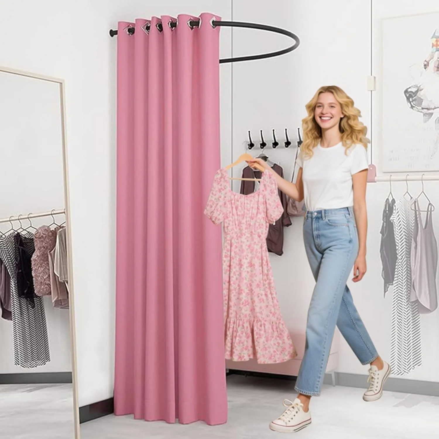 اتاق پرو لباس فروشگاه HIYOUGO، کمد دیواری گوشه ای ساده قابل حمل، کمد لباس با ظرفیت بزرگ، پارتیشن متحرک برای خیاطی فروشگاه لباس تئاتر (رنگ: صورتی، سایز: D)