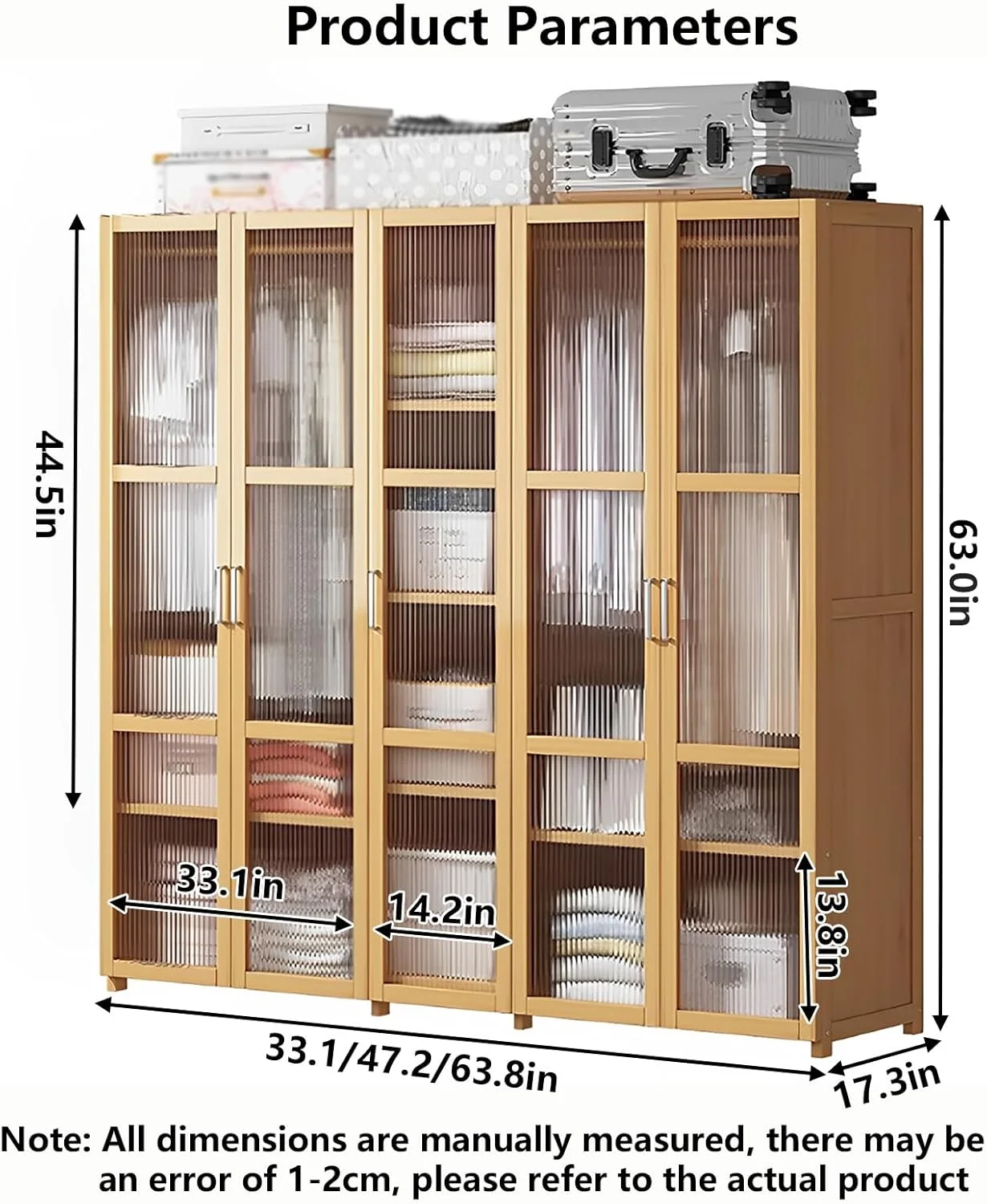کمد لباس LBCZJYX با درب، قفسه لباس، ذخیره سازی پارتیشن بندی شده، ذخیره سازی بالا، میله آویز ضخیم شده، ظرفیت تحمل بار 250 کیلوگرم برای اتاق خواب، آپارتمان، خوابگاه ها 120cm*44cm*160cm