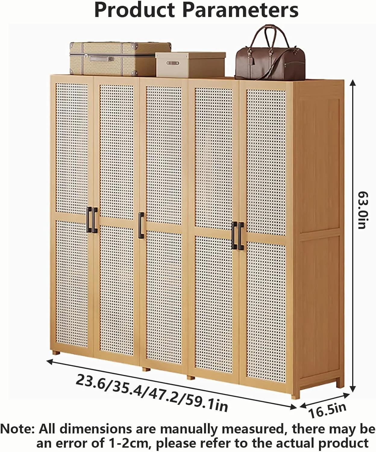 کمد لباس LBCZJYX با درب، دارای چندین فضای ذخیره سازی، درب کابینت حصیری پلاستیکی با طراحی بسته و میله آویز ضخیم برای اتاق خواب، آپارتمان، سالن، سایز A 47.2in*16.5in*63.0in