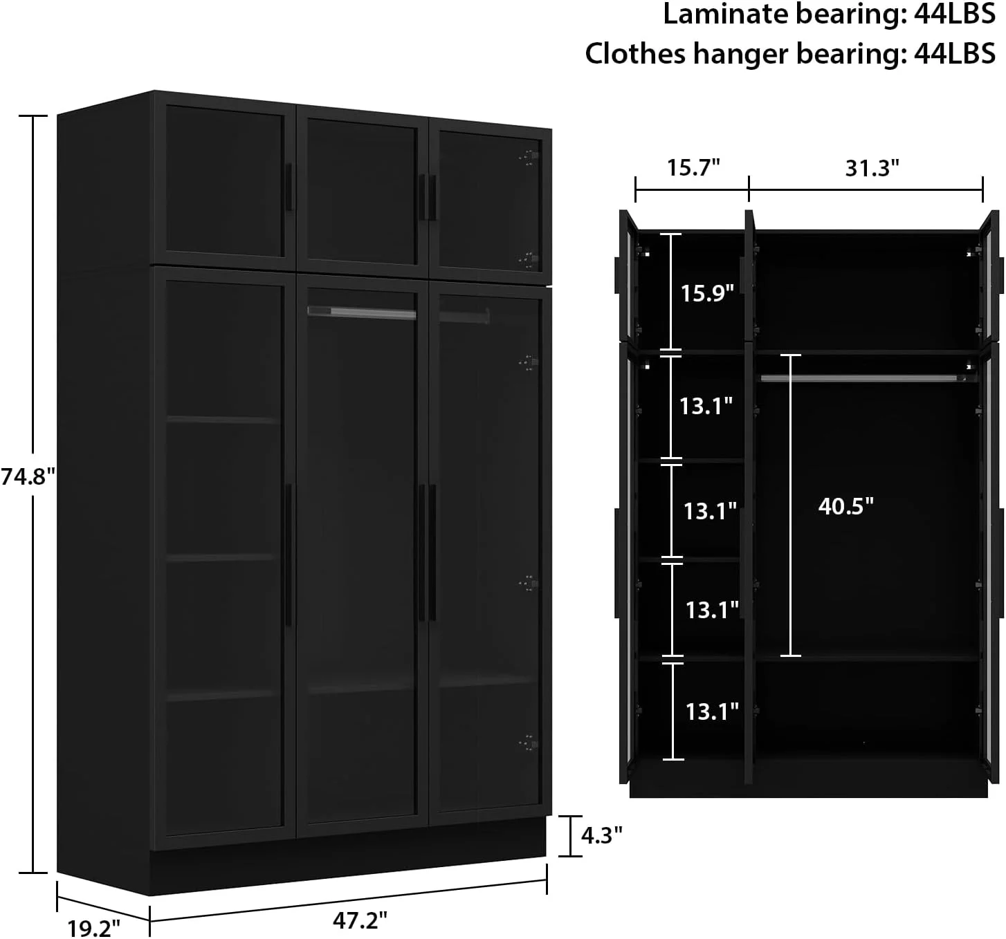 کابینت کمد لباس Hitow با چراغ های LED، کمد لباس با درهای شیشه ای، کمد لباس بزرگ چوبی با میله آویز و 5 طبقه، سازمان دهنده مدرن کمد لباس اتاق خواب، مشکی 47.2 اینچ عرض