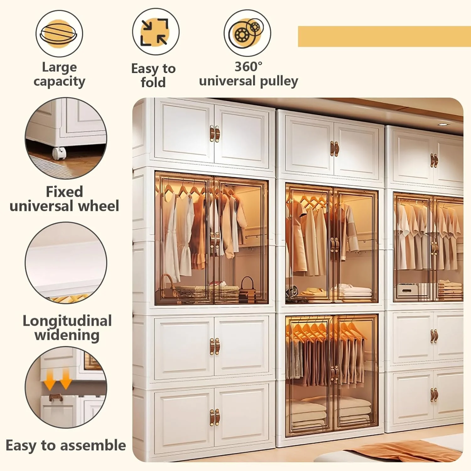 کمد لباس تاشو قابل حمل LBCZJYX با جعبه های نگهداری درب دار، ساخته شده از مواد PP، قابل جابجایی، تک لایه، ظرفیت تحمل بار 10 کیلوگرم، مناسب برای اتاق خواب، آپارتمان، خوابگاه B 65cm*40cm*144cm