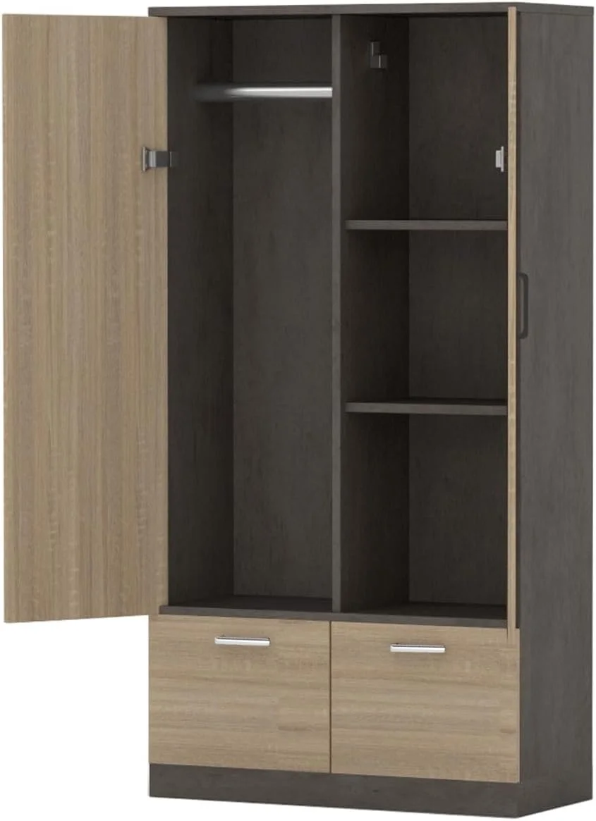 کمد لباس چوبی مهمای با 2 درب، میله آویز، 1 کشو، جاکفشی باز و 2 محفظه، کمد ذخیره سازی محکم برای اتاق خواب و دفتر کار - بتن شیکاگو خاکستری تیره/بلوط باردالینو خاکستری