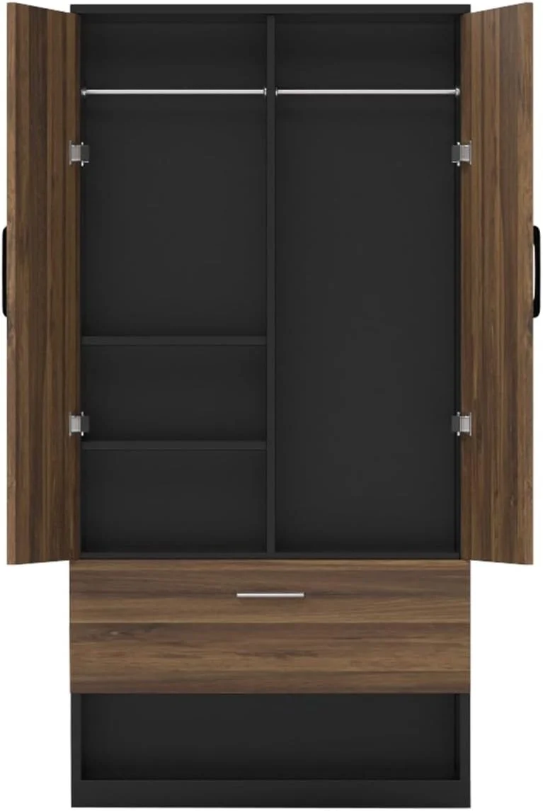 کمد لباس چوبی مهمای با 2 درب، میله آویز، 1 کشو، جاکفشی باز و 2 محفظه، کمد ذخیره سازی محکم برای اتاق خواب، اتاق نشیمن و دفتر کار - بلوط هانتون تیره/خاکستری آتشفشانی