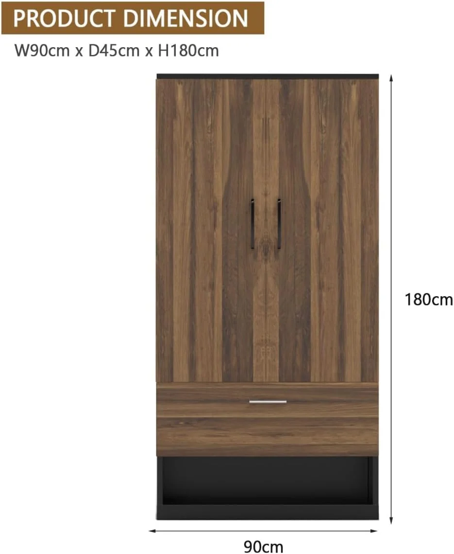 کمد لباس چوبی مهمای با 2 درب، میله آویز، 1 کشو، جاکفشی باز و 2 محفظه، کمد ذخیره سازی محکم برای اتاق خواب، اتاق نشیمن و دفتر کار - بلوط هانتون تیره/خاکستری آتشفشانی