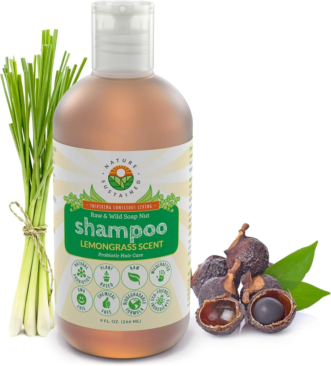 شامپو ارگانیک Nature Sustained - خام و دست ساز با پروبیوتیک، شامپو طبیعی ضد حساسیت و بدون سولفات برای پوست سر حساس، موهای خشک، شوره سر، اگزما و پسوریازیس، 266 میلی لیتر، علف لیمو