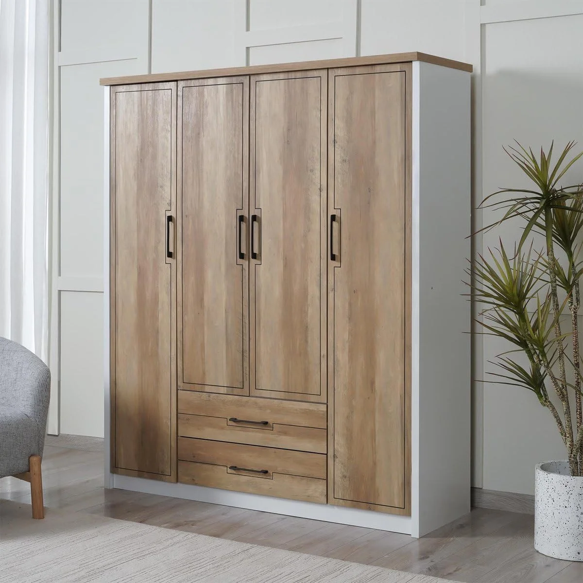 کمد لباس 4 درب سیلوینو Pan Home با 2 کشو MDF - سفید