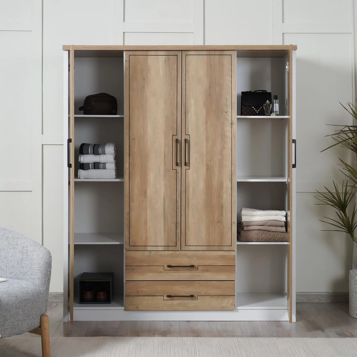 کمد لباس 4 درب سیلوینو Pan Home با 2 کشو MDF - سفید