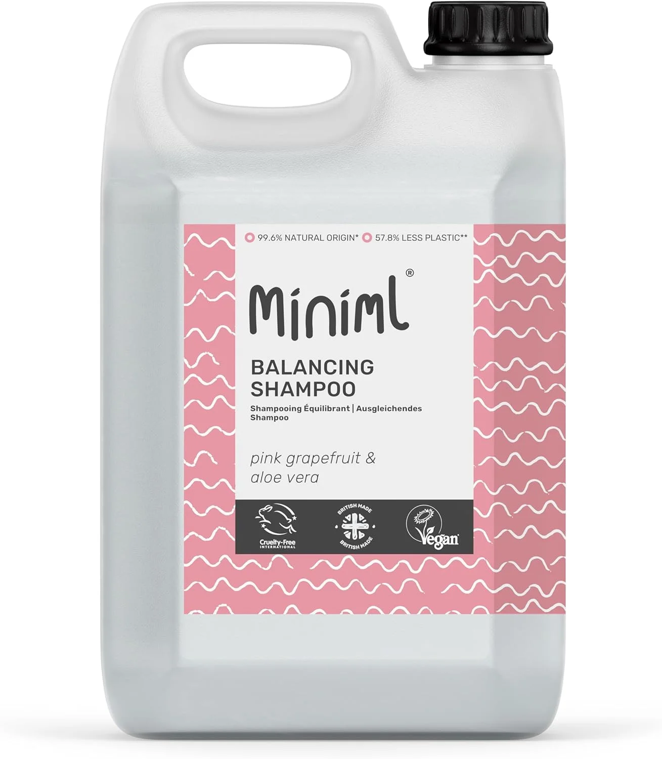 شامپو موی طبیعی اکو مینیمال - پر کننده 5 لیتری گریپ فروت صورتی و آلوئه ورا مناسب آقایان و بانوان، پوست سر و پوست حساس، بدون تست حیوانی، شامپو وگان - برای موهای چرب، فر، خشک و دارای شوره
