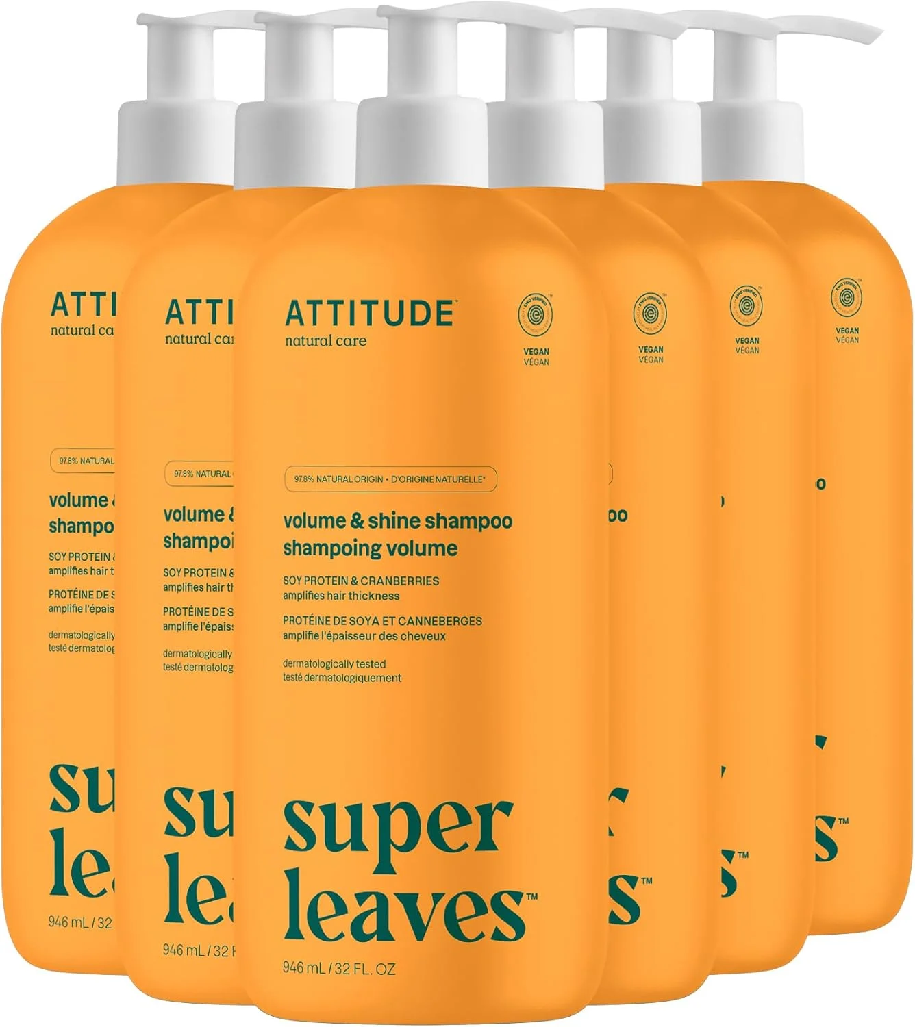 شامپو مو ATTITUDE، تایید شده توسط EWG، مواد تشکیل دهنده گیاهی و معدنی، محصولات زیبایی و مراقبت شخصی وگان و بدون تست حیوانی، حجم دهنده، پروتئین سویا و کرنبری، 946 میلی لیتر (بسته 6 عددی)