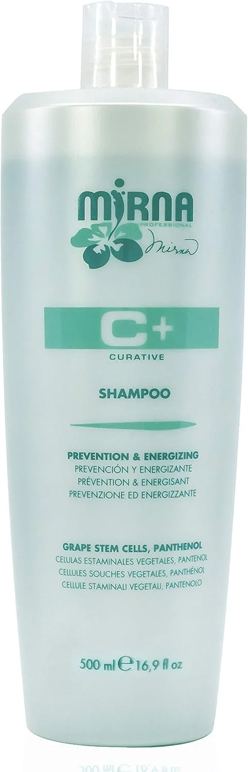 شامپو ضد ریزش و انرژی بخش میرنا پروفشنال. غنی شده با سلول های بنیادی انگور، پانتنول، بدون سولفات، بدون گلوتن، بدون پارابن و بدون SLS. مناسب برای خانم ها و آقایان. 500 میلی لیتر