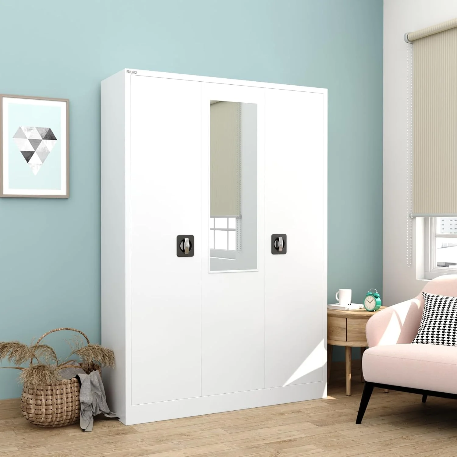 کمد سه درب خانگی RIGID با فضای آویز لباس، قفسه های سازمان دهنده، درب قفل دار و آینه جلویی (سفید)