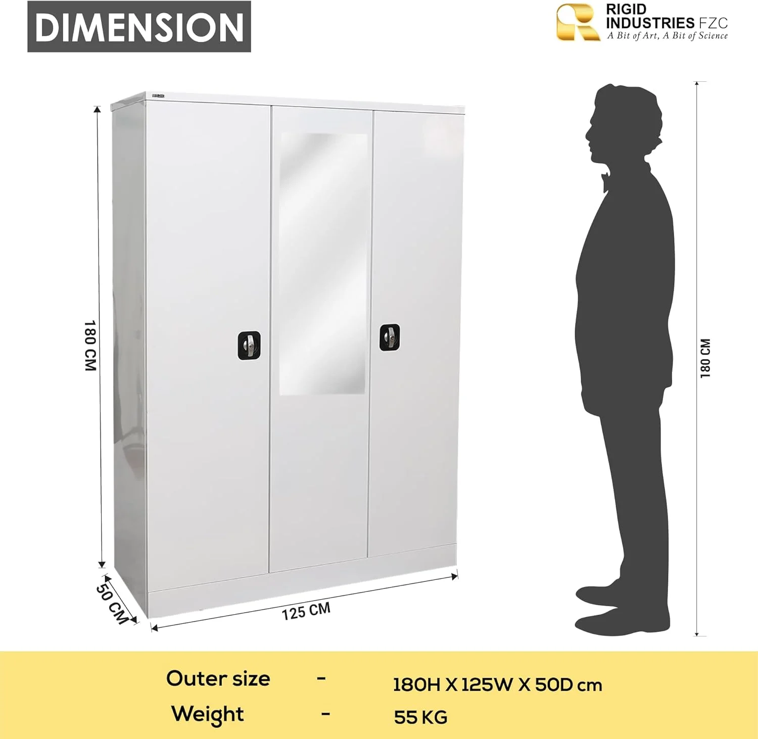 کمد سه درب خانگی RIGID با فضای آویز لباس، قفسه های سازمان دهنده، درب قفل دار و آینه جلویی (سفید)