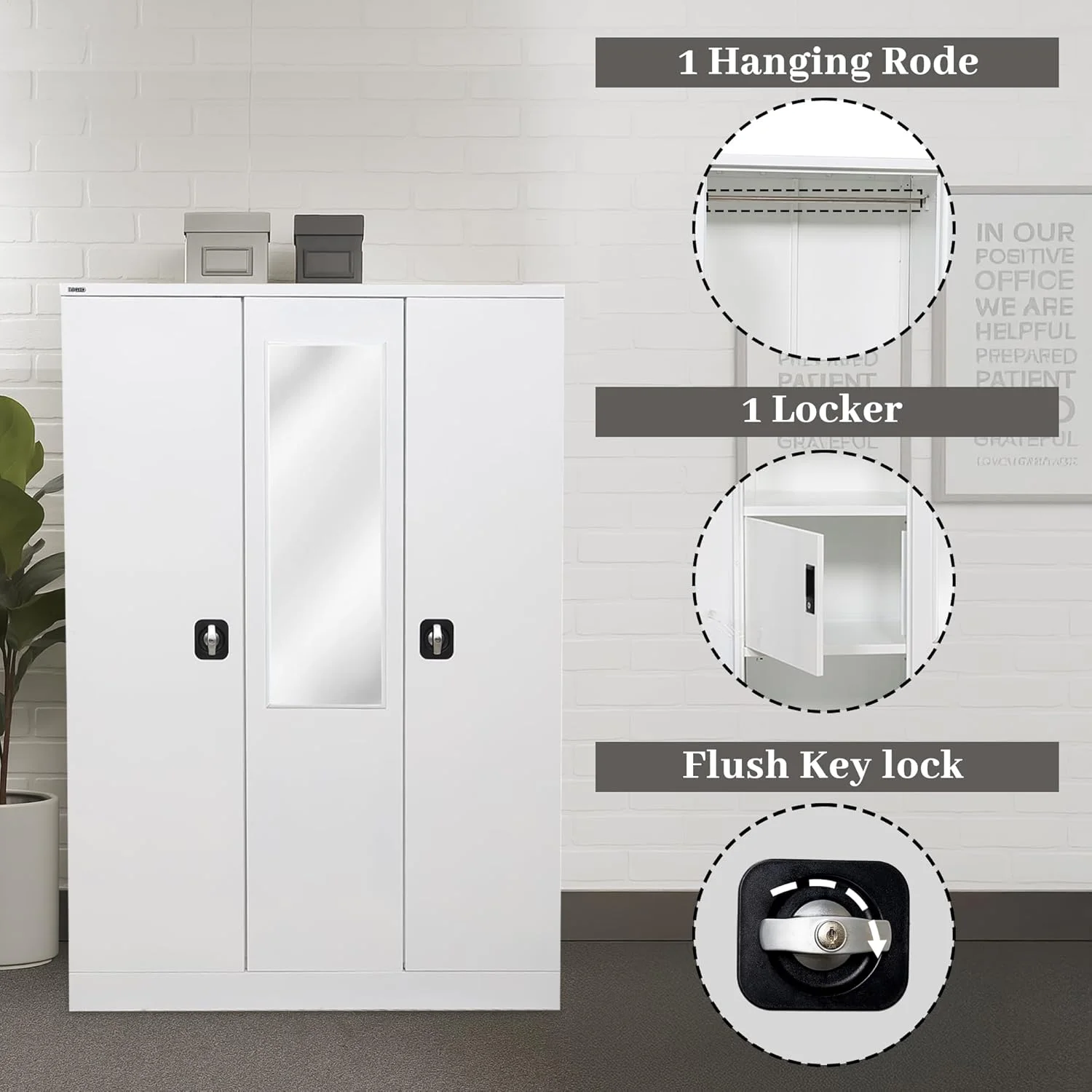 کمد سه درب خانگی RIGID با فضای آویز لباس، قفسه های سازمان دهنده، درب قفل دار و آینه جلویی (سفید)