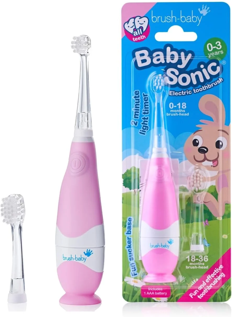مسواک برقی کودک Brush-Baby BabySonic مناسب سنین 0-3 سال، دارای چراغ LED سرگرم‌کننده، برس نرم برای لثه‌های حساس، تایمر هوشمند، ضد آب با پایه مکنده، شامل 2 سری - صورتی