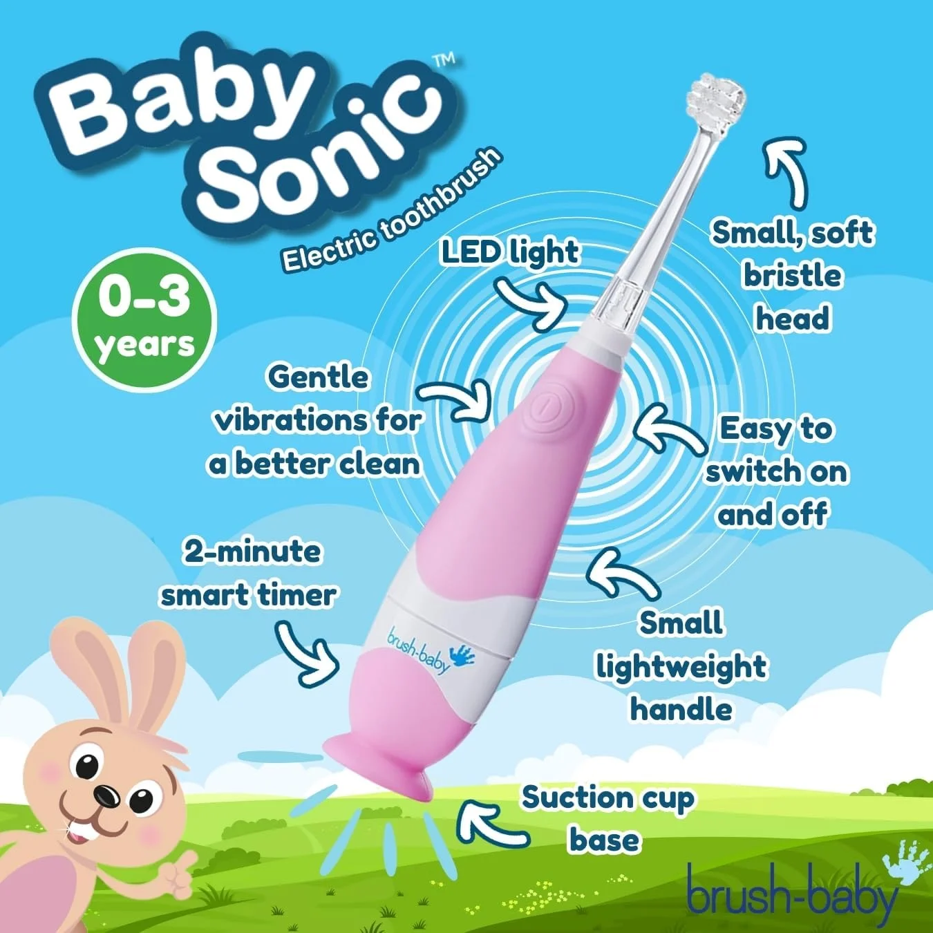 مسواک برقی کودک Brush-Baby BabySonic مناسب سنین 0-3 سال، دارای چراغ LED سرگرمکننده، برس نرم برای لثههای حساس، تایمر هوشمند، ضد آب با پایه مکنده، شامل 2 سری - صورتی مسواک برقی کودک Brush-Baby BabySonic مناسب سنین 0-3 سال، دارای چراغ LED سرگرمکننده، برس نرم برای لثههای حساس، تایمر هوشمند، ضد آب با پایه مکنده، شامل 2 سری - صورتی