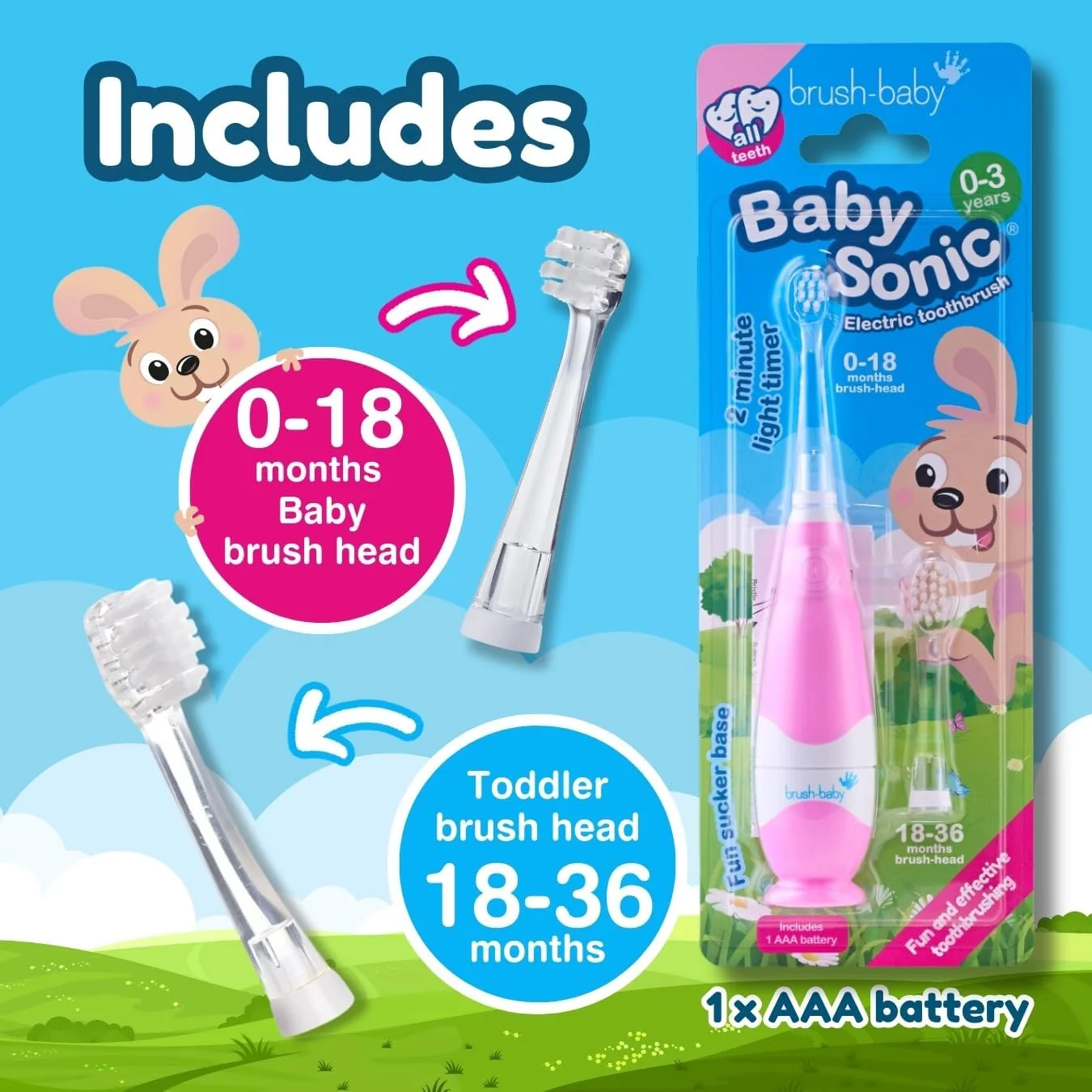 مسواک برقی کودک Brush-Baby BabySonic مناسب سنین 0-3 سال، دارای چراغ LED سرگرمکننده، برس نرم برای لثههای حساس، تایمر هوشمند، ضد آب با پایه مکنده، شامل 2 سری - صورتی مسواک برقی کودک Brush-Baby BabySonic مناسب سنین 0-3 سال، دارای چراغ LED سرگرمکننده، برس نرم برای لثههای حساس، تایمر هوشمند، ضد آب با پایه مکنده، شامل 2 سری - صورتی