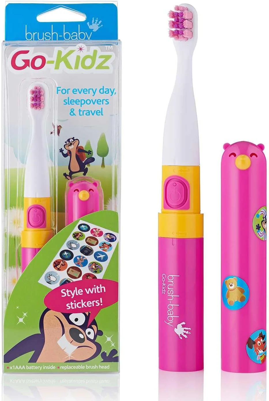 مسواک برقی کودکانه Brush-Baby Go-Kidz مناسب کودکان 3 سال به بالا، مراقبت از دهان و لثه نوزاد، فاقد BPA، قابل شستشو در ماشین ظرفشویی، شامل یک مجموعه 36 عددی استیکر، موجود در رنگ های صورتی و آبی