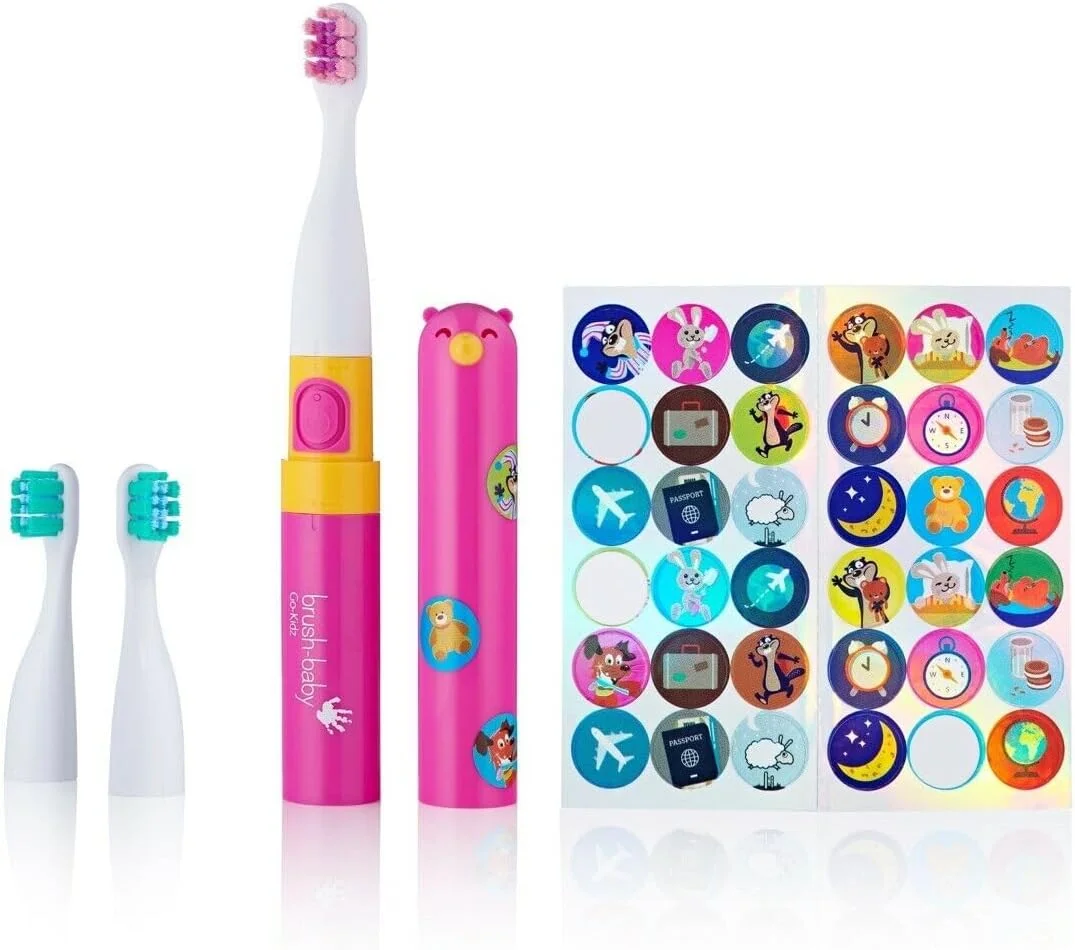 مسواک برقی کودکانه Brush-Baby Go-Kidz مناسب کودکان 3 سال به بالا، مراقبت از دهان و لثه نوزاد، فاقد BPA، قابل شستشو در ماشین ظرفشویی، شامل یک مجموعه 36 عددی استیکر، موجود در رنگ های صورتی و آبی
