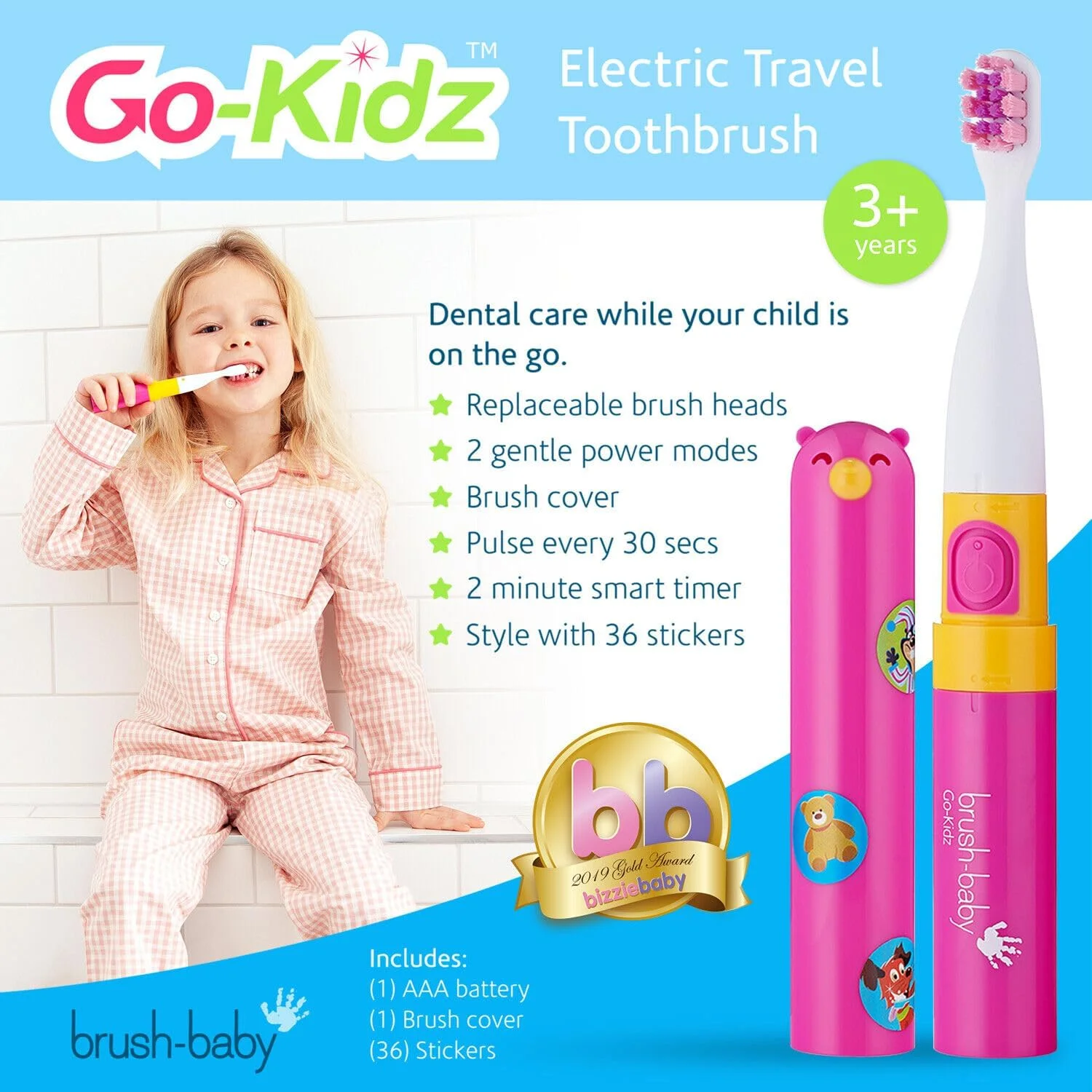 مسواک برقی کودکانه Brush-Baby Go-Kidz مناسب کودکان 3 سال به بالا، مراقبت از دهان و لثه نوزاد، فاقد BPA، قابل شستشو در ماشین ظرفشویی، شامل یک مجموعه 36 عددی استیکر، موجود در رنگ های صورتی و آبی