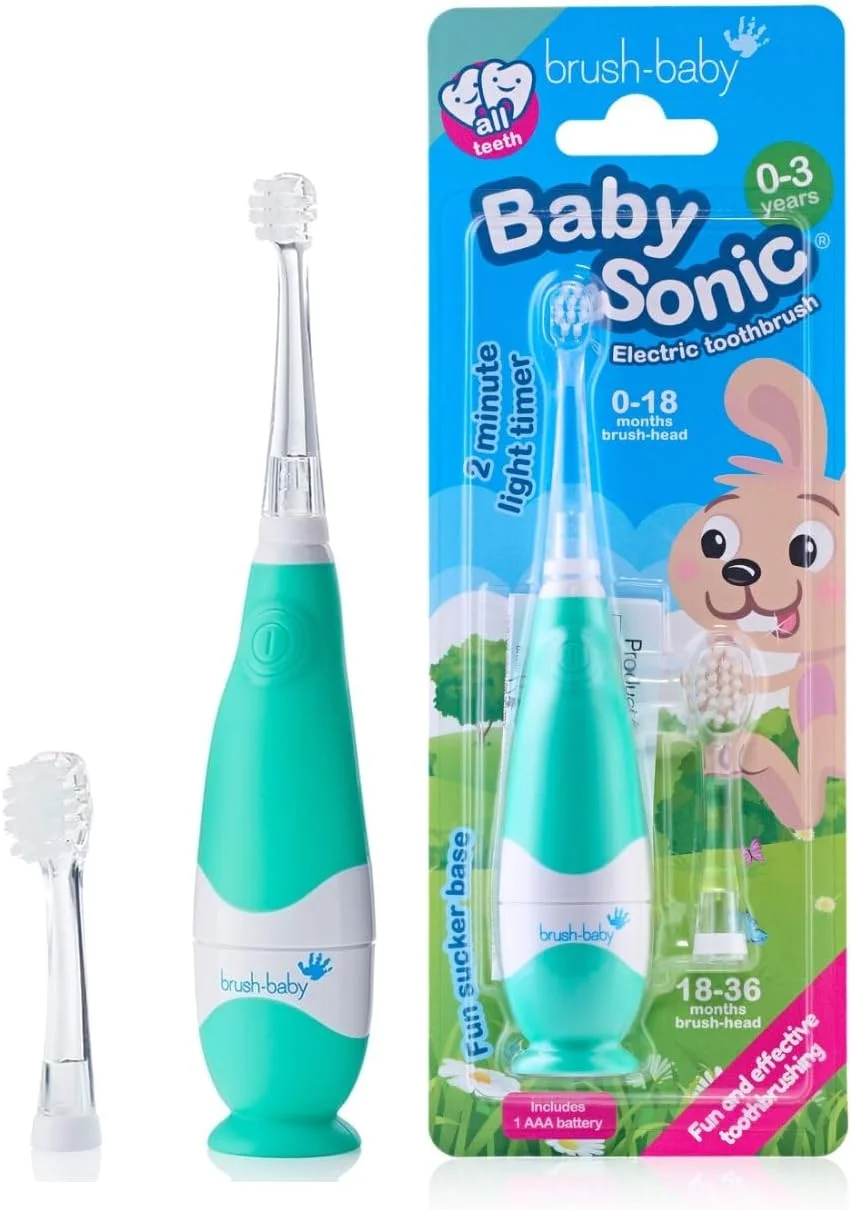 مسواک برقی کودک Brush-Baby New BabySonic، با باتری، برس های فوق العاده نرم برای تمیز کردن ملایم، مناسب برای سنین 0-3 سال