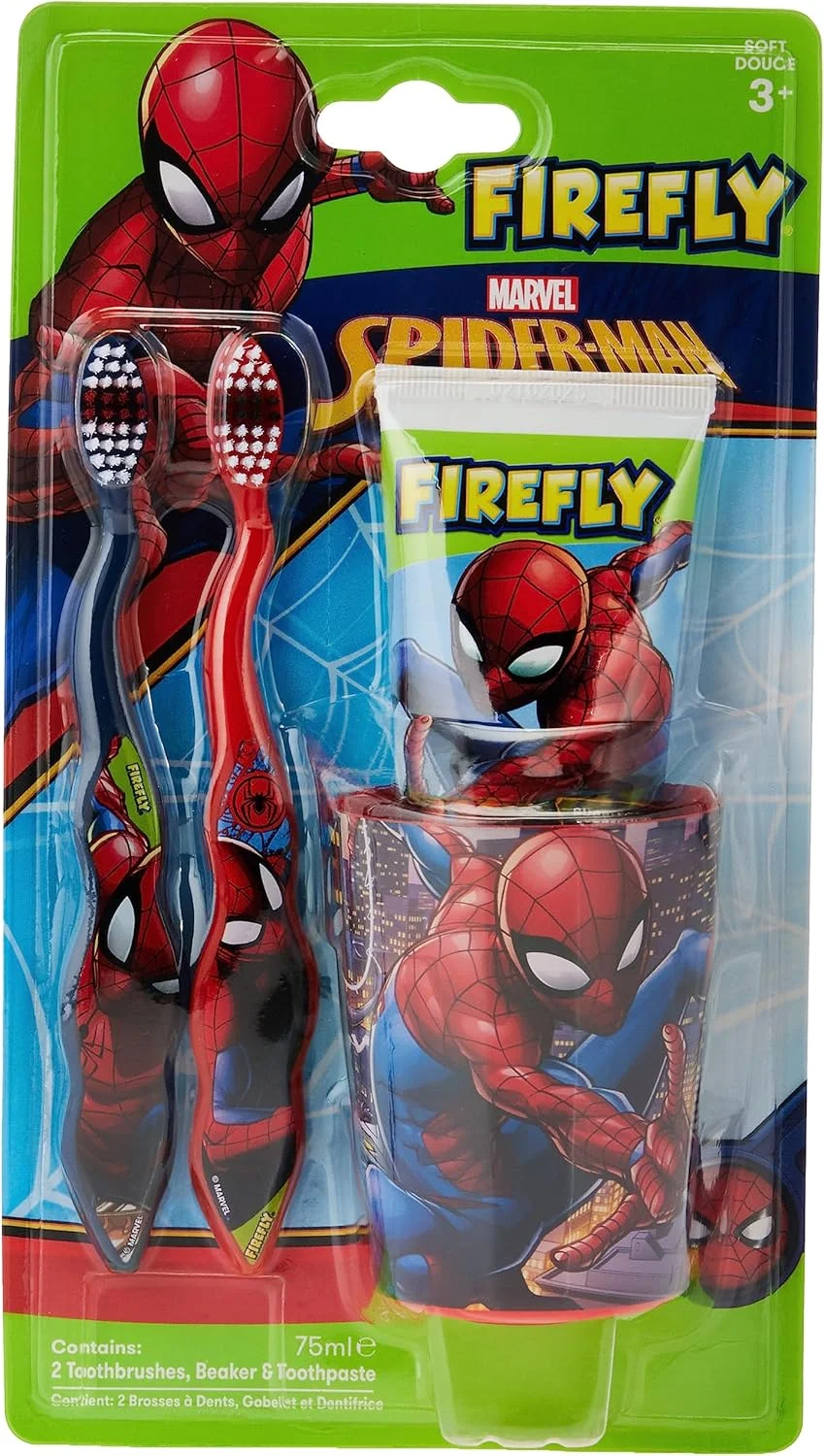 ست مسواک کودکانه فایرفلای مارول مرد عنکبوتی - 2 عدد مسواک، لیوان و خمیر دندان - سفید
