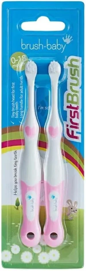 مسواک کودکانه Brush-Baby FirstBrush، مسواک ملایم برای نوزادان و کودکان نوپا، مراقبت از دهان و دندان برای اولین دندان ها و دندان درآوردن، برس های نرم و سر کوچک، 0-18 ماه، قابل بازیافت، بدون BPA، رنگ های آبی/صورتی/آبی فیروزه ای