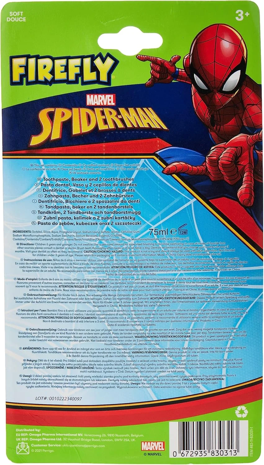 ست مسواک کودکانه فایرفلای مارول مرد عنکبوتی - 2 عدد مسواک، لیوان و خمیر دندان - سفید