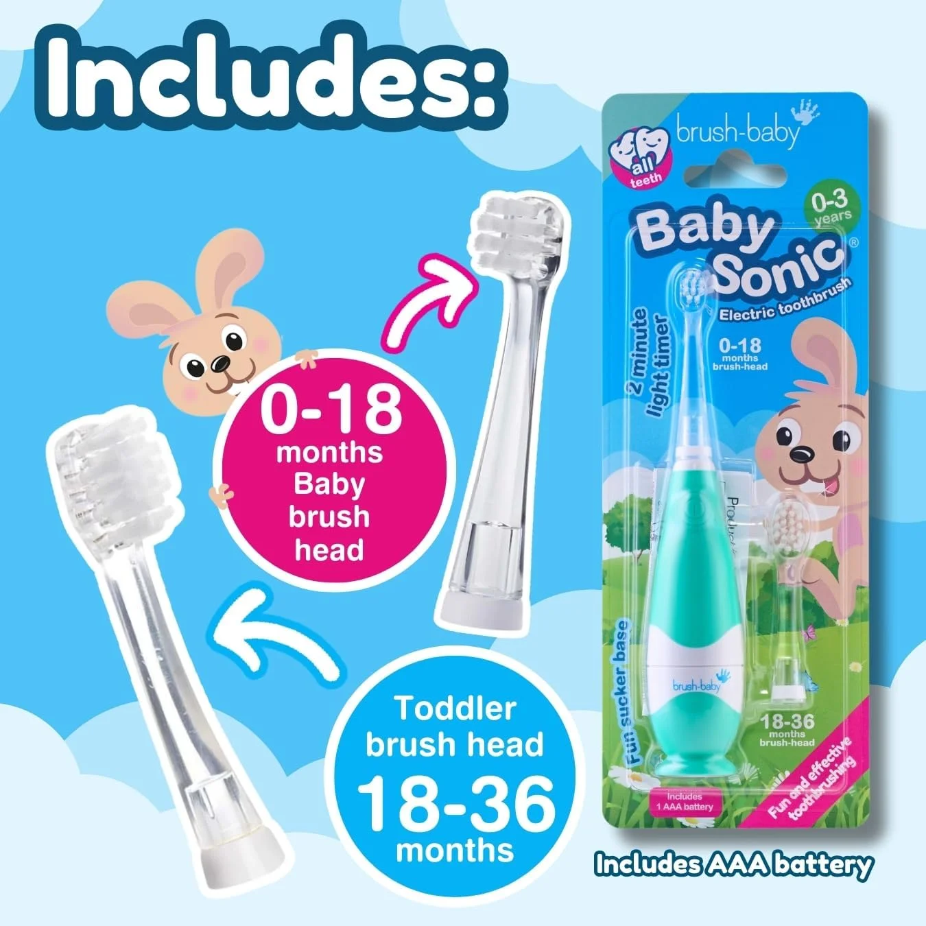 مسواک برقی کودک Brush-Baby New BabySonic، با باتری، برس های فوق العاده نرم برای تمیز کردن ملایم، مناسب برای سنین 0-3 سال مسواک برقی کودک Brush-Baby New BabySonic، با باتری، برس های فوق العاده نرم برای تمیز کردن ملایم، مناسب برای سنین 0-3 سال