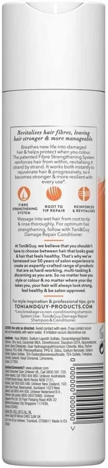 شامپو ترمیم کننده موهای آسیب دیده Toni & Guy Professional با فناوری کراتین اکتیو و سیستم تقویت کننده فیبر ثبت شده، طراحی شده برای تقویت و تغذیه موهای خشک، شکننده و آسیب دیده 250 میلی لیتر