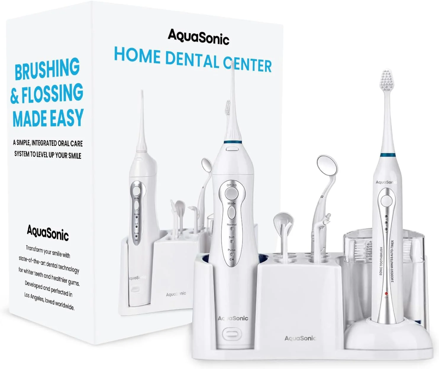 مرکز دندانپزشکی خانگی AquaSonic، مسواک برقی شارژی و نخ دندان آبی هوشمند - سیستم کامل مراقبت از دهان و دندان خانواده - شامل 10 سری و نازل مختلف - حالت ها و تایمرهای متنوع (سفید)