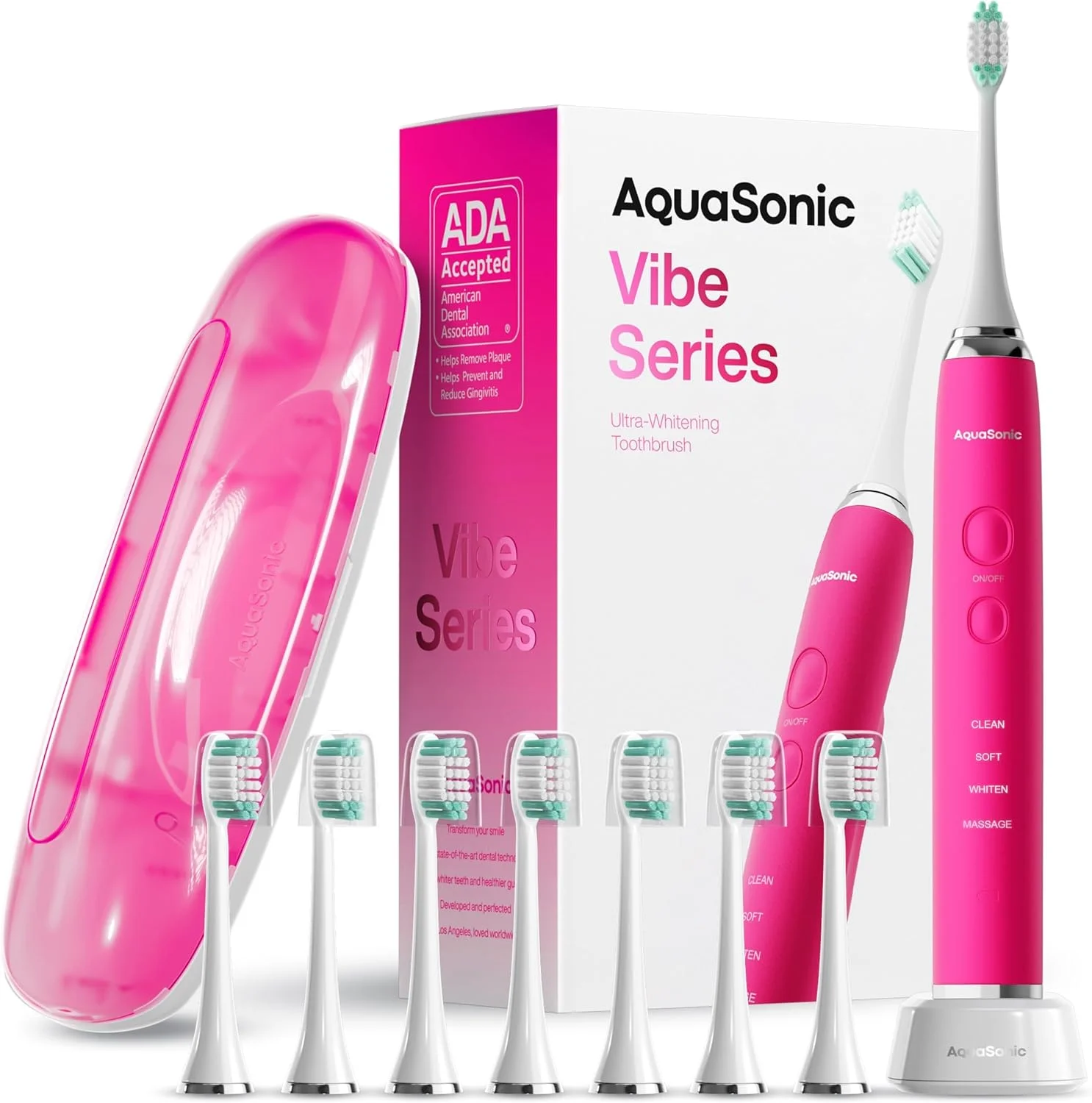 مسواک برقی فوق سفید کننده سری Aquasonic Vibe - مسواک برقی مورد تایید ADA - دارای 8 سری مسواک و کیف مسافرتی - موتور 40000 VPM و شارژ بی سیم - 4 حالت با تایمر هوشمند - صورتی الکتریکی