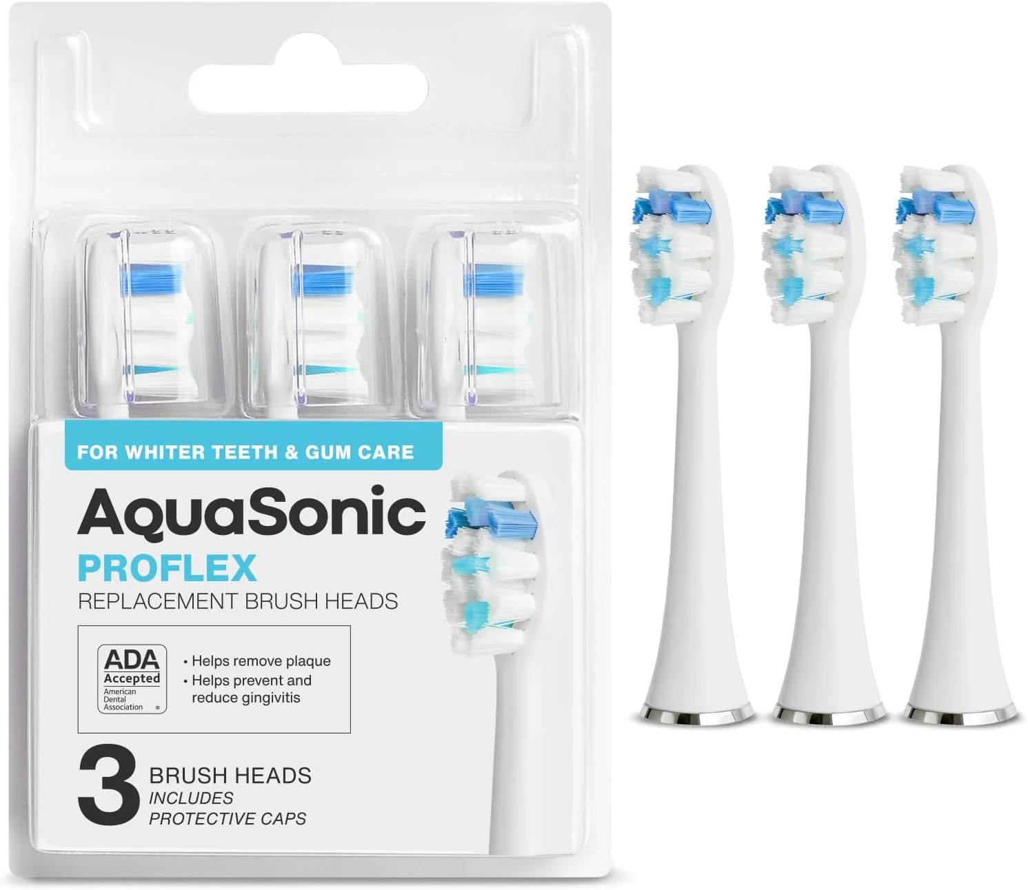 سری یدک برس AquaSonic Proflex | برای دندان های سفیدتر و مراقبت از لثه | سازگار با بسیاری از دسته های مسواک AquaSonic (بسته 3 عددی سفید)