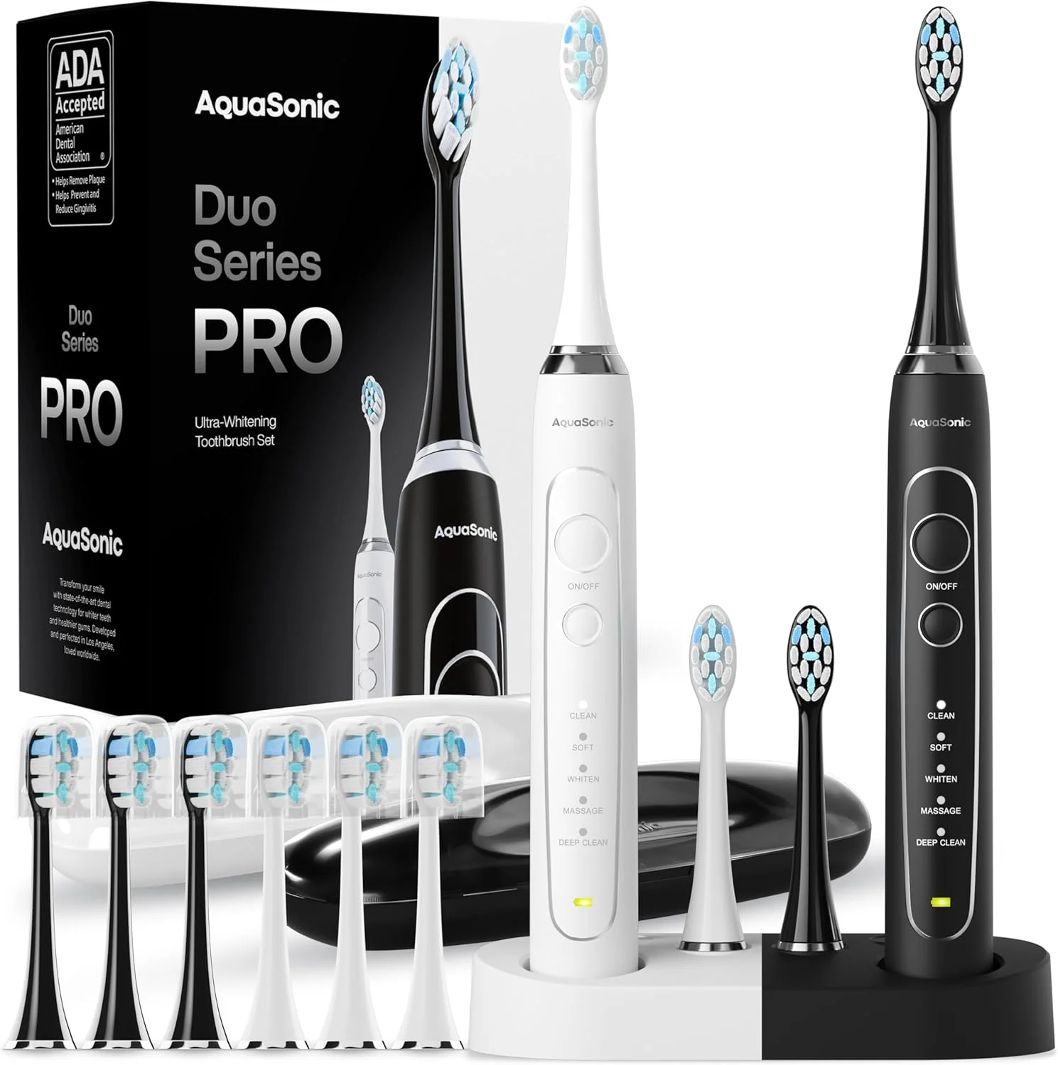 ست مسواک برقی فوق العاده سفید کننده AquaSonic Duo Series PRO - 5 حالت و تایمر هوشمند - کیف های مسافرتی ممتاز و 10 سر برس Proflex - مسواک های مورد تایید ADA