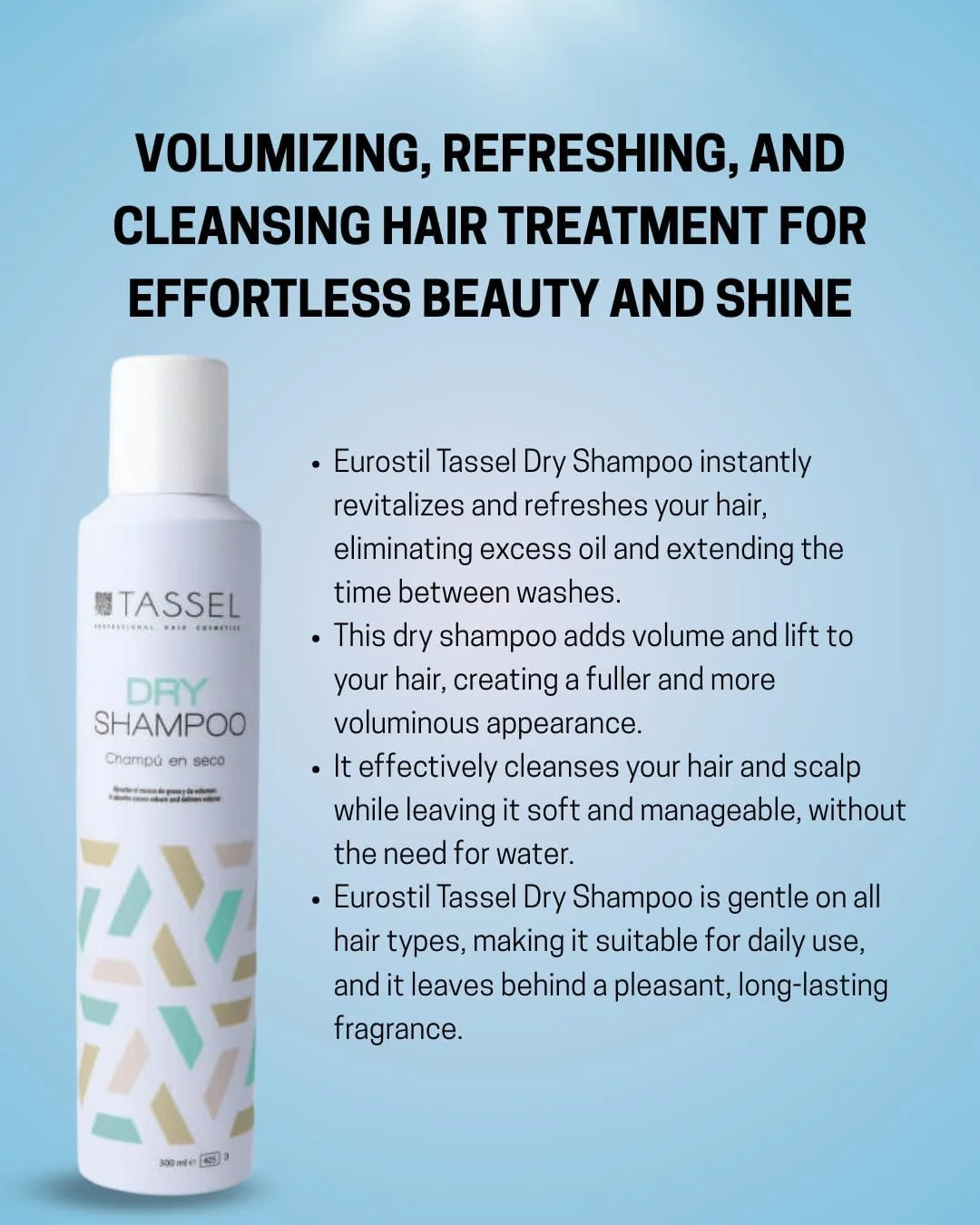 شامپو خشک تاسل یورواستیل 300 میلی لیتر - حجم دهنده، طراوت بخش و پاک کننده مو برای زیبایی و درخشش بی دردسر