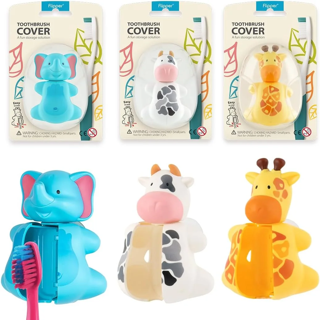 روکش مسواک طرح حیوانات فلیپر فان، باز و بسته شدن با یک لمس، نگهدارنده مسواک با مکنده برای آینه، شیشه یا کاشی، طرح های جذاب فیل، گاو و زرافه، بسته 3 عددی، ساخت مالزی، 3 سال به بالا