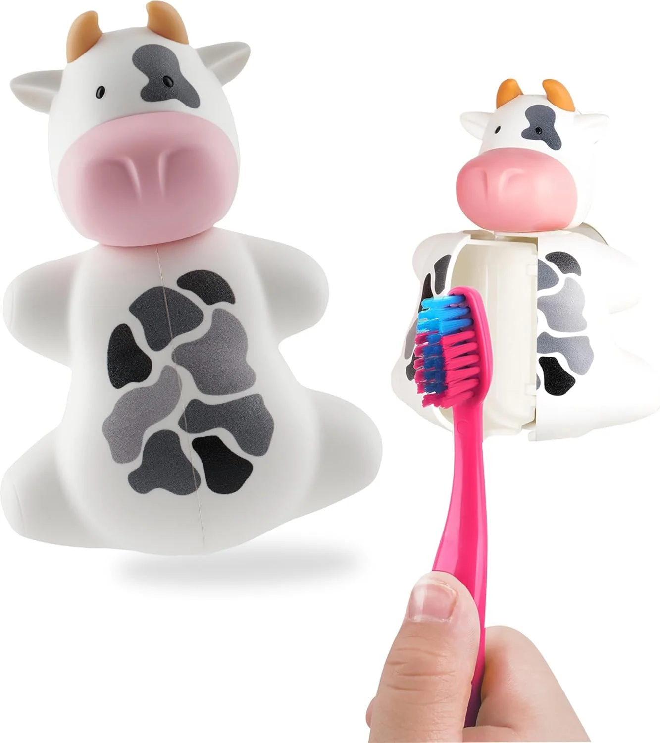 جا مسواکی بهداشتی کودکانه فلیپر با مکنده، طراحی ثبت شده، باز و بسته شدن با یک لمس، برای خانه یا مسافرت، ساخت مالزی، طرح گاو بامزه، 3 سال به بالا