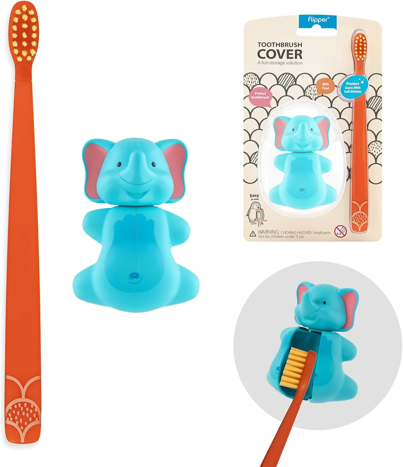 ست بهداشت دهان و دندان فلیپر شامل جا مسواکی طرح حیوانات بامزه، مسواک با برس نرم، طرح فیل، ضد گرد و غبار، باز و بسته شدن با یک لمس، دارای مکنده برای آینه، شیشه یا کاشی (رنگ مسواک ممکن است متفاوت باشد)