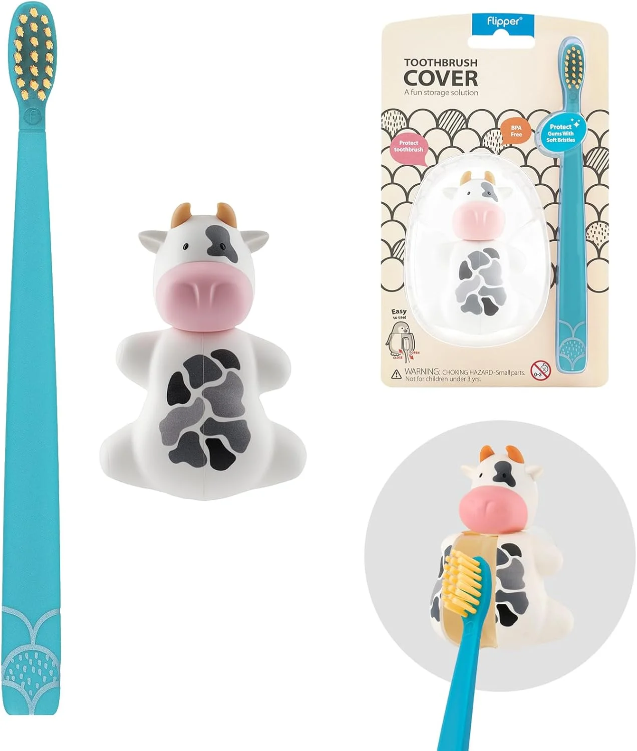 ست بهداشت دهان و دندان فلیپر شامل جا مسواکی طرح حیوانات بامزه، مسواک با برس نرم، طرح گاو، ضد گرد و غبار، باز و بسته شدن با یک لمس، دارای مکنده برای آینه، شیشه یا کاشی (رنگ مسواک ممکن است متفاوت باشد)