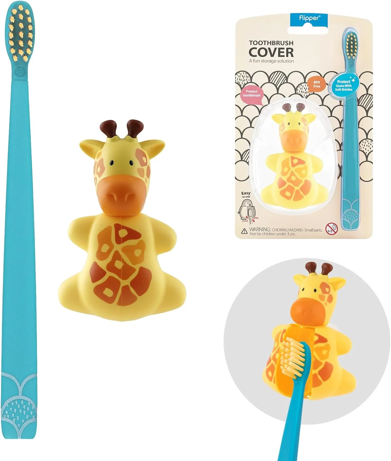 ست بهداشت دهان و دندان فلیپر، شامل جا مسواکی طرح حیوانات بامزه، مسواک با برس نرم، طرح زرافه، ضد گرد و غبار، باز و بسته شدن با یک لمس، دارای مکنده برای آینه، شیشه یا کاشی (رنگ مسواک ممکن است متفاوت باشد)
