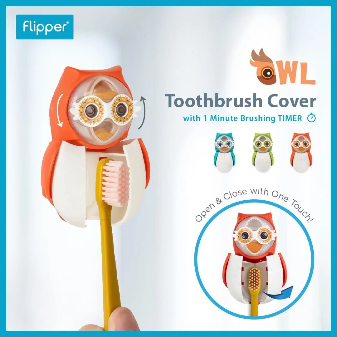 محافظ مسواک طرح جغد فلیپر فان، باز و بسته شدن با یک لمس، نگهدارنده مسواک با مکنده برای آینه، شیشه یا کاشی، تایمر شنی - تایمر 1 دقیقه ای برای مسواک زدن، ساخت مالزی 3 سال به بالا