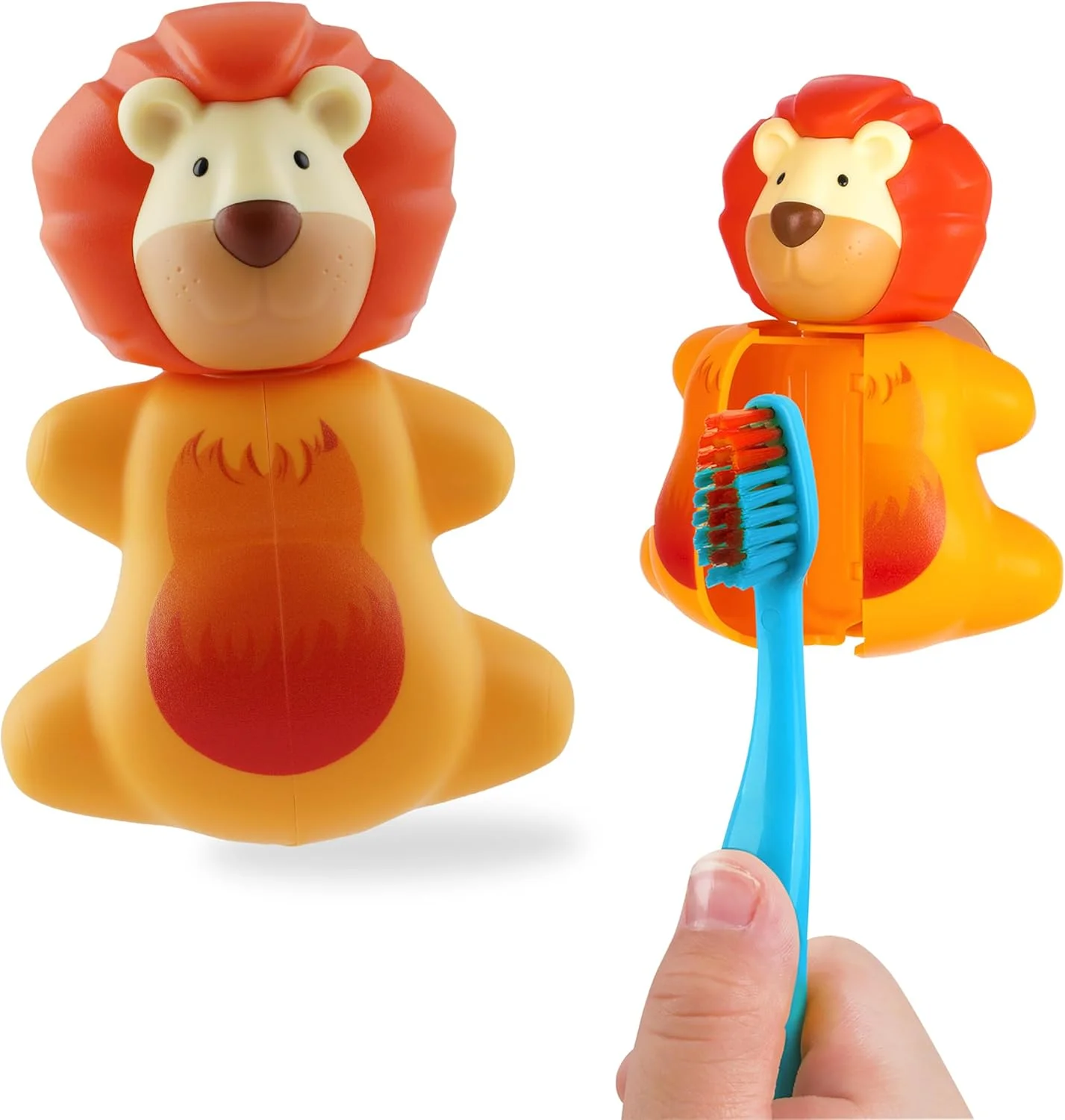 جا مسواکی بهداشتی کودکانه فلیپر با مکنده، طراحی ثبت شده، باز و بسته شدن با یک لمس، برای خانه یا مسافرت، ساخت مالزی، طرح حیوانات بامزه شیر، 3 سال به بالا
