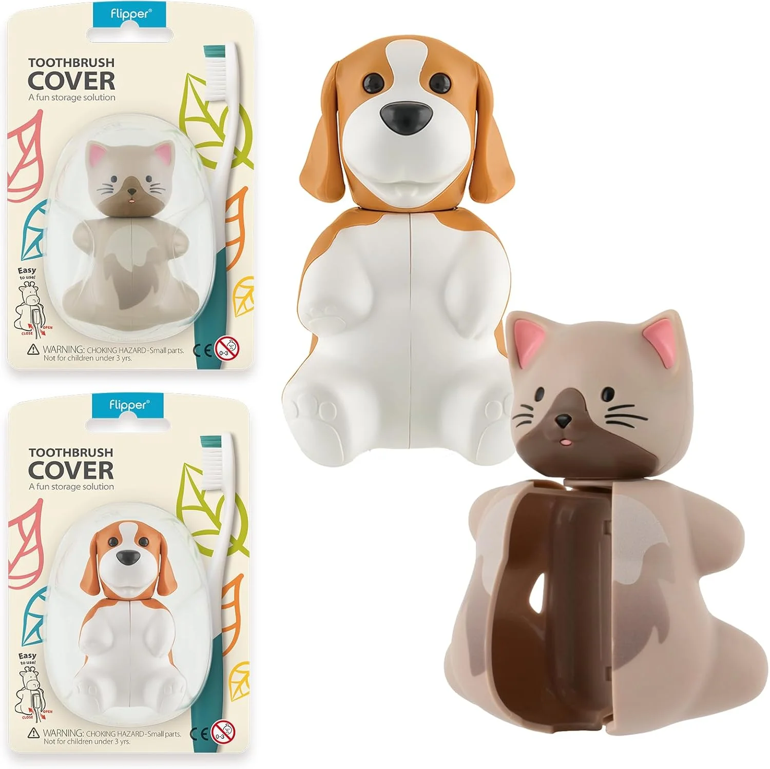 روکش مسواک فلیپر طرح سگ بیگل و گربه، بسته 2 عددی، باز و بسته شدن آسان با یک لمس، دارای مکنده برای آینه، شیشه یا کاشی، ضد گرد و غبار، استفاده آسان، ساخت مالزی +3 سال