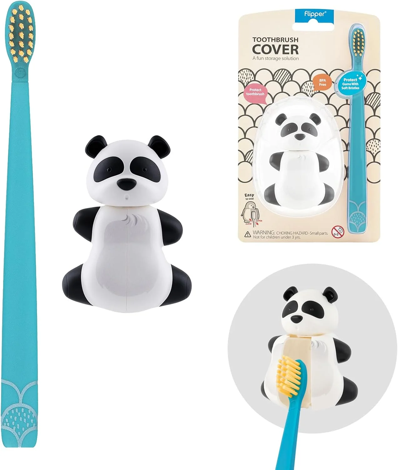 ست بهداشت دهان و دندان فلیپر، شامل جا مسواکی طرح حیوانات بامزه به همراه مسواک با برس نرم، طرح پاندا، ضد گرد و غبار، باز و بسته شدن با یک لمس، دارای مکنده برای آینه، شیشه یا کاشی (رنگ مسواک ممکن است متفاوت باشد)