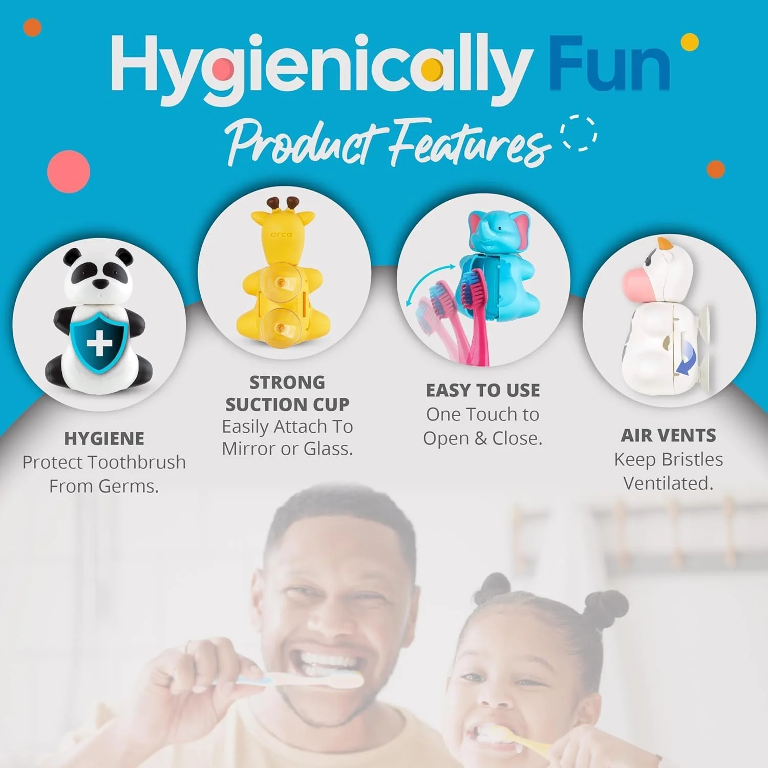 ست بهداشت دهان و دندان فلیپر شامل جا مسواکی طرح حیوانات بامزه، مسواک با برس نرم، طرح گاو، ضد گرد و غبار، باز و بسته شدن با یک لمس، دارای مکنده برای آینه، شیشه یا کاشی (رنگ مسواک ممکن است متفاوت باشد)