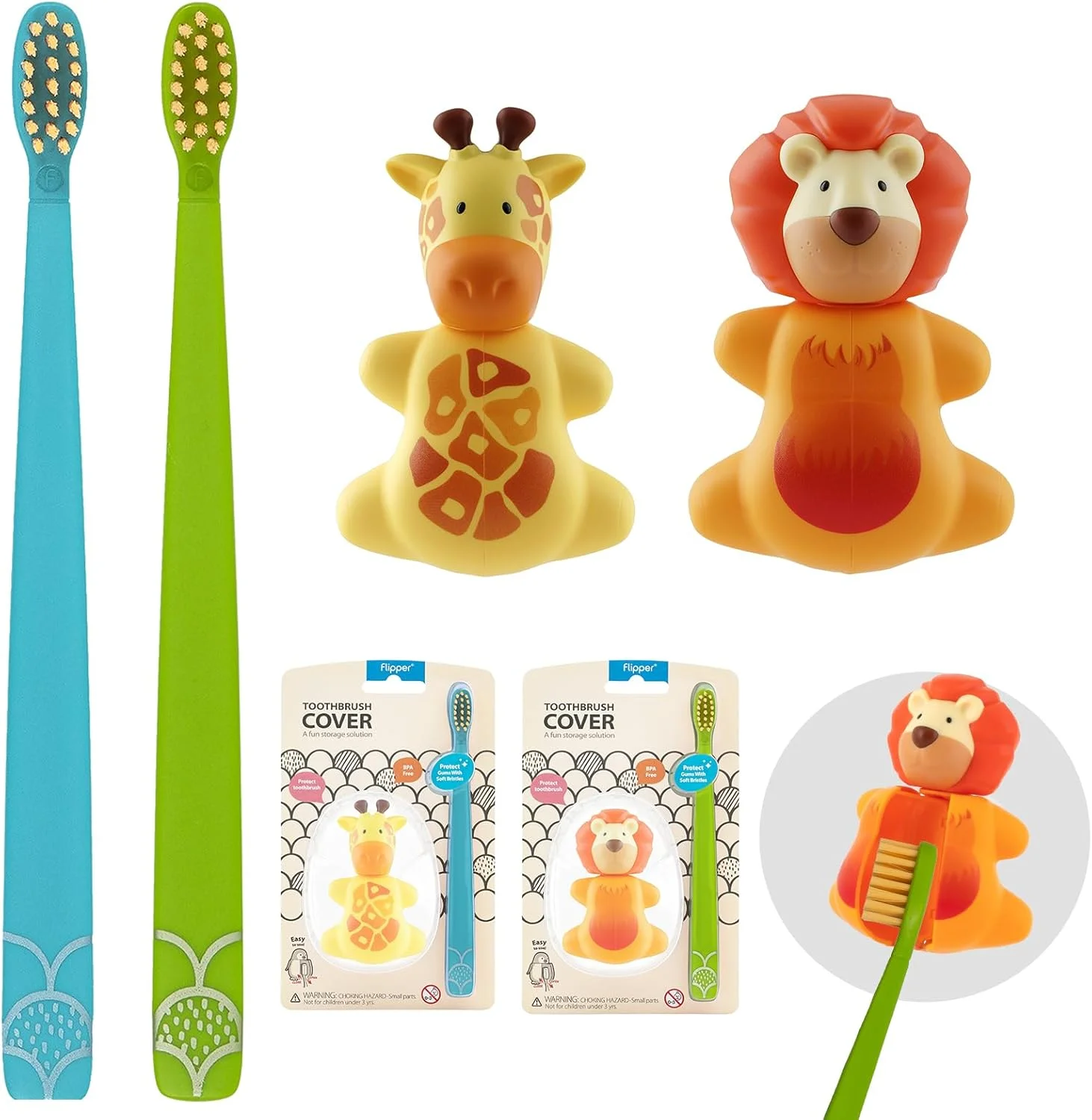 ست بهداشت دهان و دندان فلیپر شامل جا مسواکی حیوانات بامزه، مسواک با برس نرم، شیر و زرافه، باز و بسته شدن با یک لمس، مکنده برای آینه، شیشه یا کاشی (رنگ مسواک ممکن است متفاوت باشد)